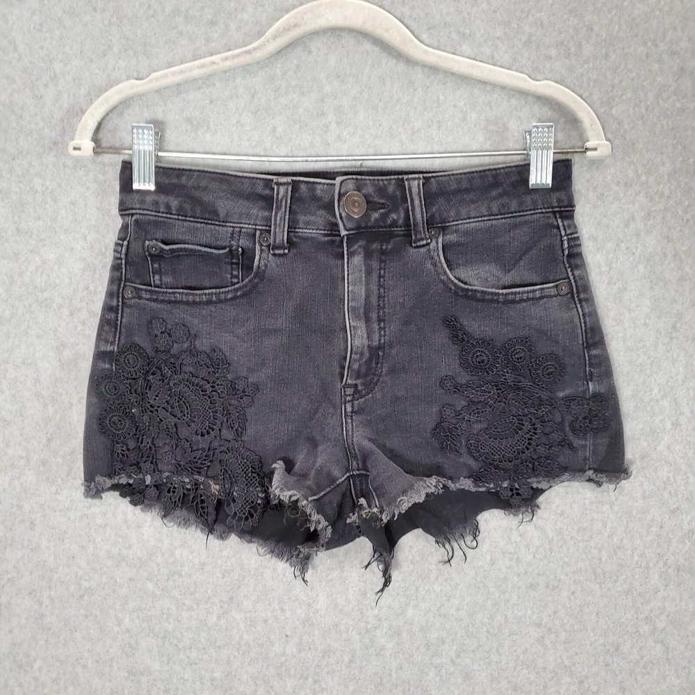 American Eagle Women Shorts 2 Black Denim Cut Off Super Super Stretch X Hot